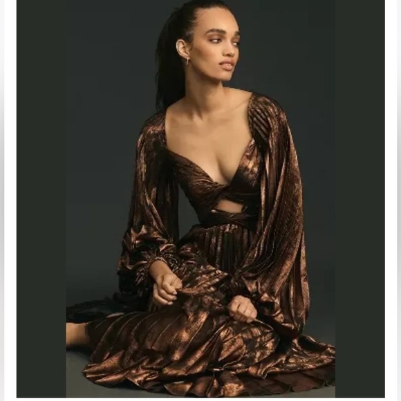 Acler Auroa Midi Dress Metallic Twist Front Pleated Bronze Size 6 NEW - Picture 5 of 16